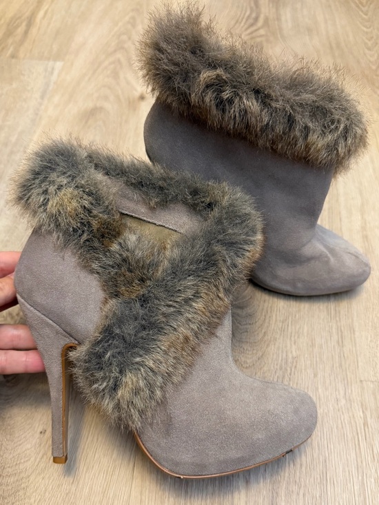 Colin Stuart Shoes - Colin Stuart Taupe Suede Fur Trim High-Heel Booties